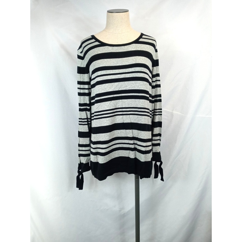 Liz Claiborne Sweater L Black Gray Breton Stripe Parisian Chic Tie Cuff Pullover